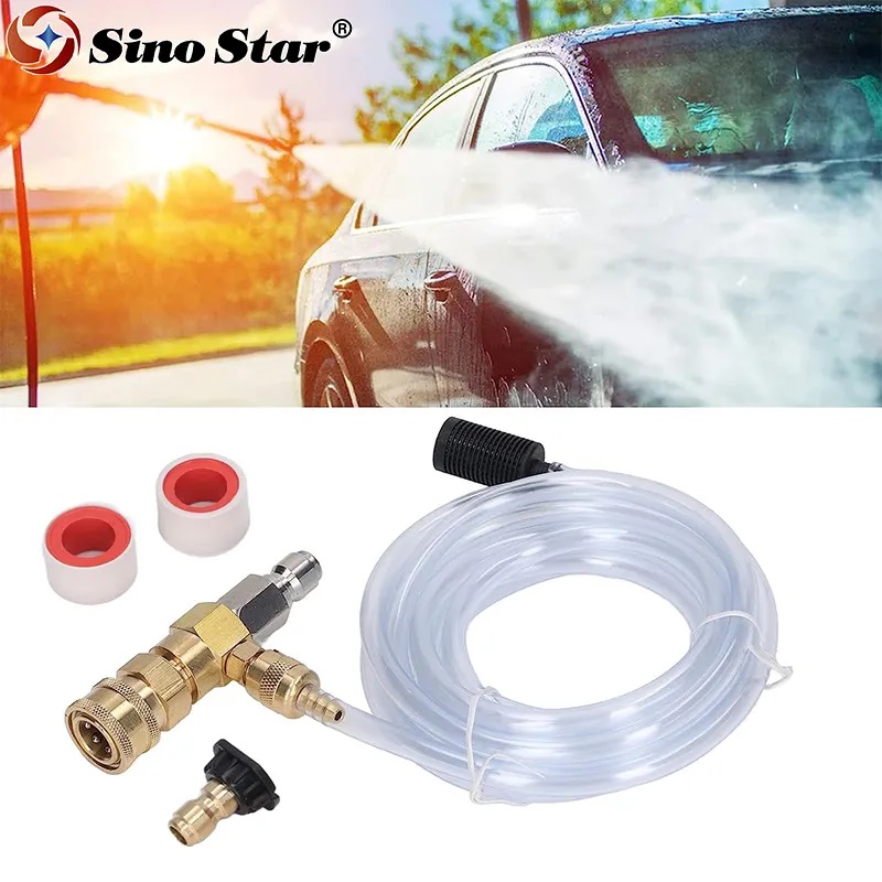 Adjustable Chemical Injector Kit for Pressure Washer Soap Injector 3/8 Inch Quick Connector With 10\' Tube Nozzle Brass Stainless